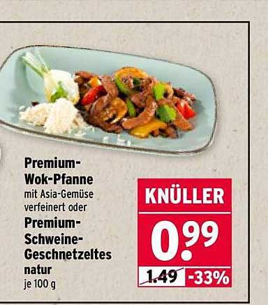 Premium-Wok-Pfanne mit Asia-Gemüse oder Premium-Schweine-Geschnetzeltes natur je 100 g