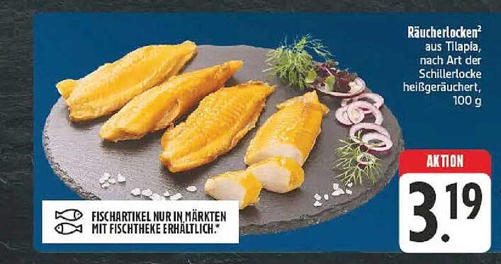Räucherlocken aus Tilapia, nach Art der Schillerlocke, heißgeräuchert, 100 g