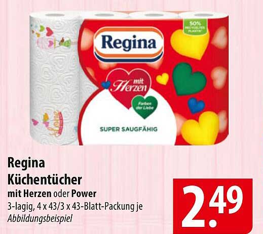 Regina Küchentücher mit Herzen oder Power 3-lagig, 4 x 43/3 x 43-Blatt-Packung