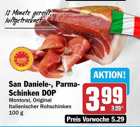 San Daniele-, Parma-Schinken DOP Montorsi, Original Italienischer Rohschinken 100 g