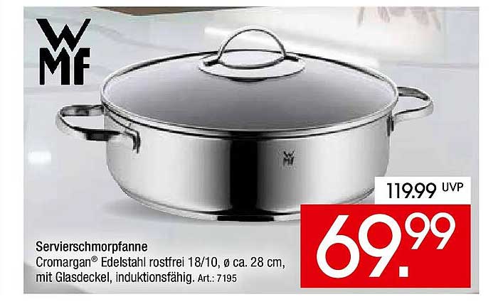 Servierschmorpfanne Cromargan® Edelstahl rostfrei 18/10, Ø ca. 28 cm, mit Glasdeckel, induktionsfähig.