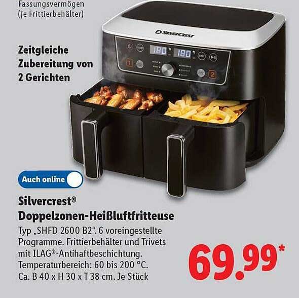 Silvercrest® Doppelzonen-Heißluftfritteuse Typ „SHFD 2600 B2“