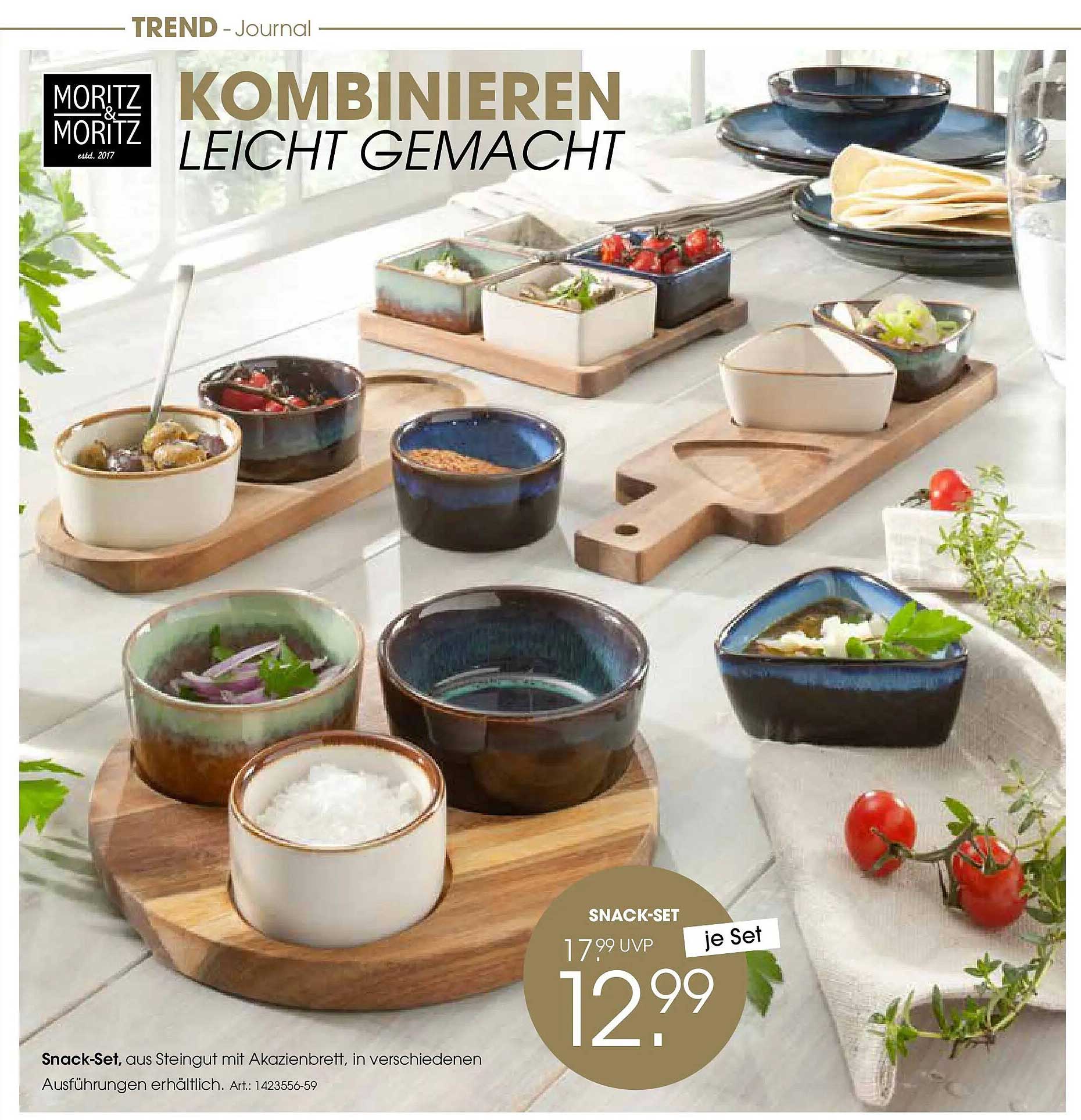 Snack-Set aus Steinzeug mit Akazienbrett in verschiedenen Ausführungen