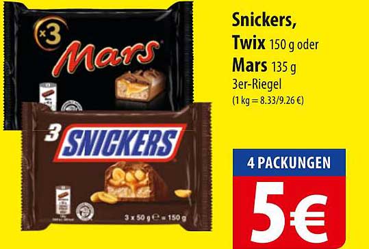 Snickers, Twix 150 g oder Mars 135 g 3er-Riegel