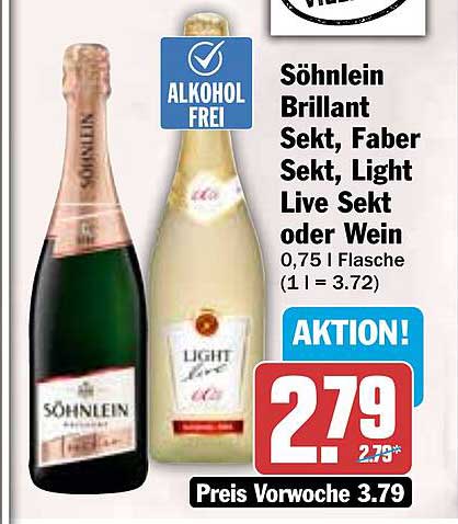 Söhnlein Brilliant Sekt, Faber Sekt, Light Live Sekt oder Wein 0,75 l Flasche