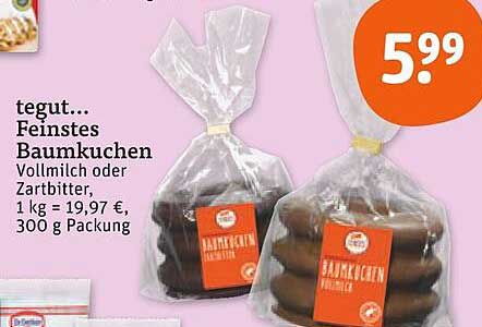 tegut... Feinstes Baumkuchen Vollmilch oder Zartbitter, 300 g