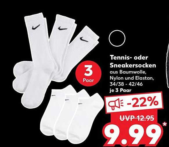 Tennis- oder Sneakersocken aus Baumwolle, Nylon und Elestan, 3 Paar