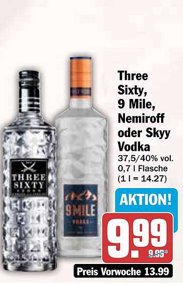 Three Sixty, 9 Mile, Nemiroff oder Skyy Vodka - 0,7 l Flasche