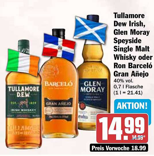 Tullamore Dew Irish, Glen Moray Speyside Single Malt Whisky oder Ron Barceló Gran Añejo 0,7 l
