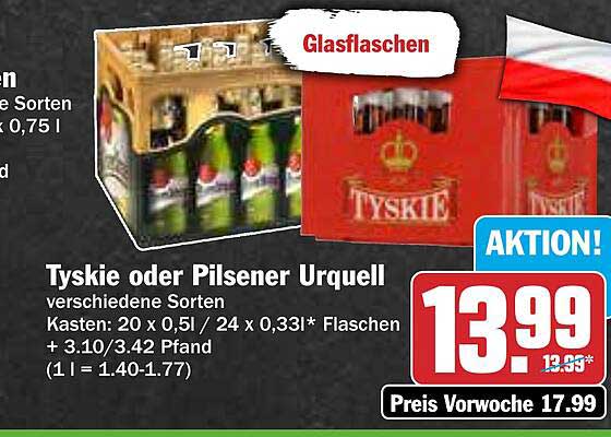 Tyskie oder Pilsener Urquell – Aktionskiste 20 x 0,5 L oder 24 x 0,33 L Flaschen