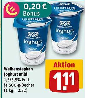 Weihenstephan Joghurt mild 1,5/3,5% Fett, je 500-g-Becher