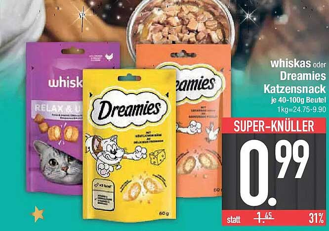 whiskas oder Dreamies Katzensnack je 40-100g Beutel