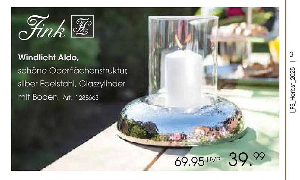 Windlicht Aldo von Fink, silberner Edelstahl und Glaszylinder
