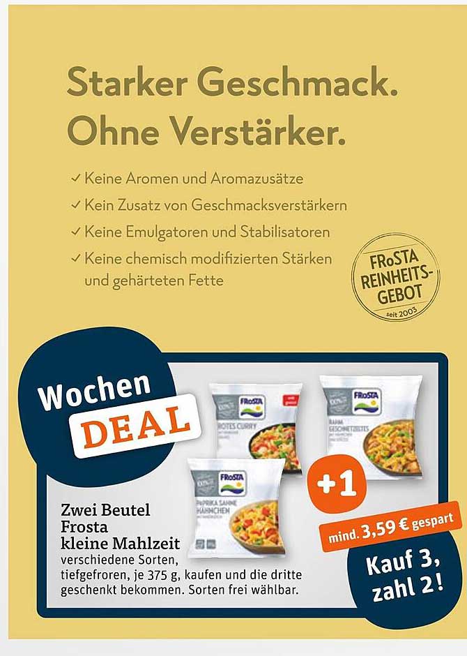 Wochen DEAL: Zwei Beutel Frosta kleine Mahlzeit, kaufen und die dritte gratis erhalten