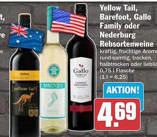 Yellow Tail, Barefoot, Gallo Family oder Nederburg Rebsortenweine 0,75 l Flasche