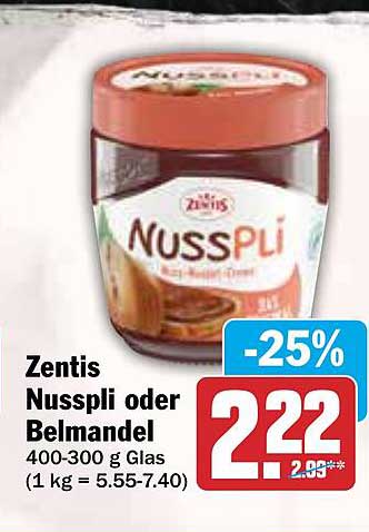 Zentis Nusspli oder Belmandel 400-300 g Glas -25%