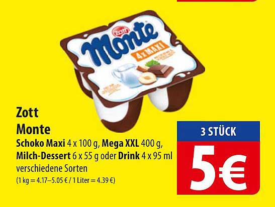 Zott Monte Angebote: Schoko Maxi, Mega XXL und Milch-Dessert