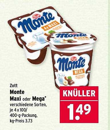 Zott Monte Maxi oder Mega – verschiedene Sorten, 4 x 100 g Packung