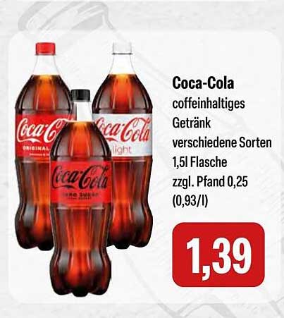 Coca-Cola coffeinhaltiges Getränk verschiedene Sorten 1,5l Flasche zzgl. Pfand 0,25 (0,93/l)