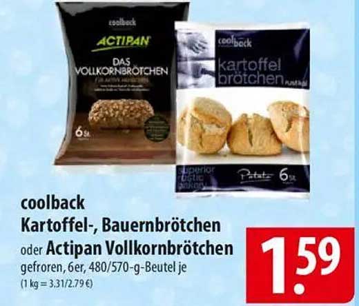 coolback Kartoffel-, Bauernbrötchen oder Actipan Vollkornbrötchen gefroren, 6er, 480/570-g-Beutel