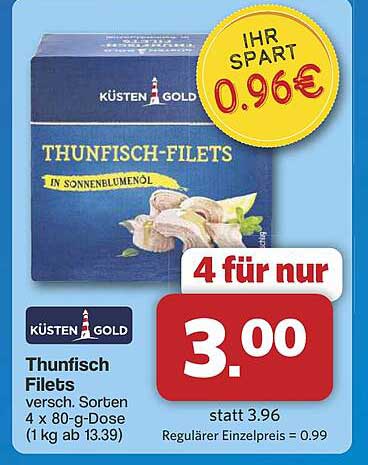 Küsten Gold Thunfisch-Filets in Sonnenblumenöl 4 x 80 g