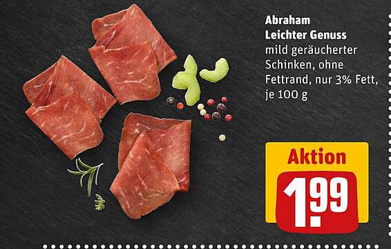 Abraham Leichter Genuss mild geräucherter Schinken, ohne Fetttrand, nur 3% Fett, je 100 g