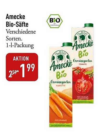 Amecke Bio-Säfte – Verschiedene Sorten. 1-l-Packung