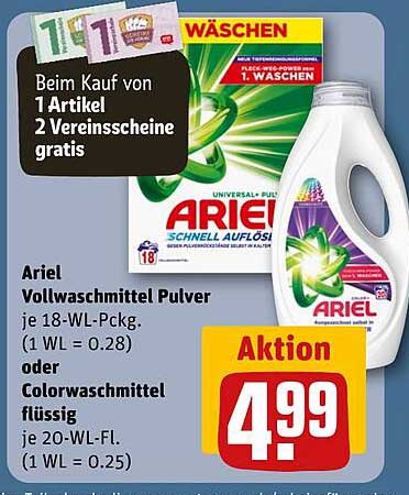 Ariel Vollwaschmittel Pulver 18-WL-Pckg oder Colorwaschmittel flüssig 20-WL-Fl.