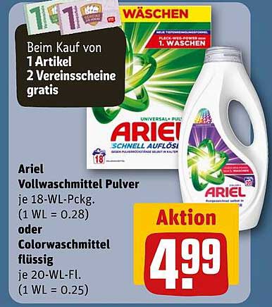 Ariel Vollwaschmittel Pulver oder Colorwaschmittel flüssig - jetzt im REWE Kaufpark-Prospekt