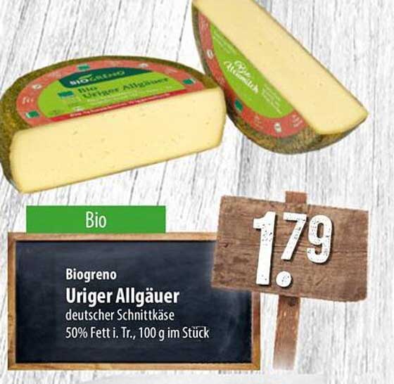 Biogreno Uriger Allgäuer deutscher Schnittkäse 50% Fett i. Tr., 100 g im Stück