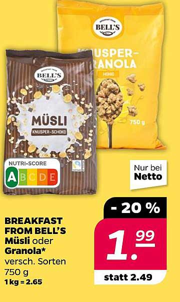 BREAKFAST FROM BELL’S Müsli oder Granola 750 g - 20% Rabatt