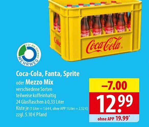 Coca-Cola, Fanta, Sprite oder Mezzo Mix – 24 Glasflaschen à 0,33 Liter