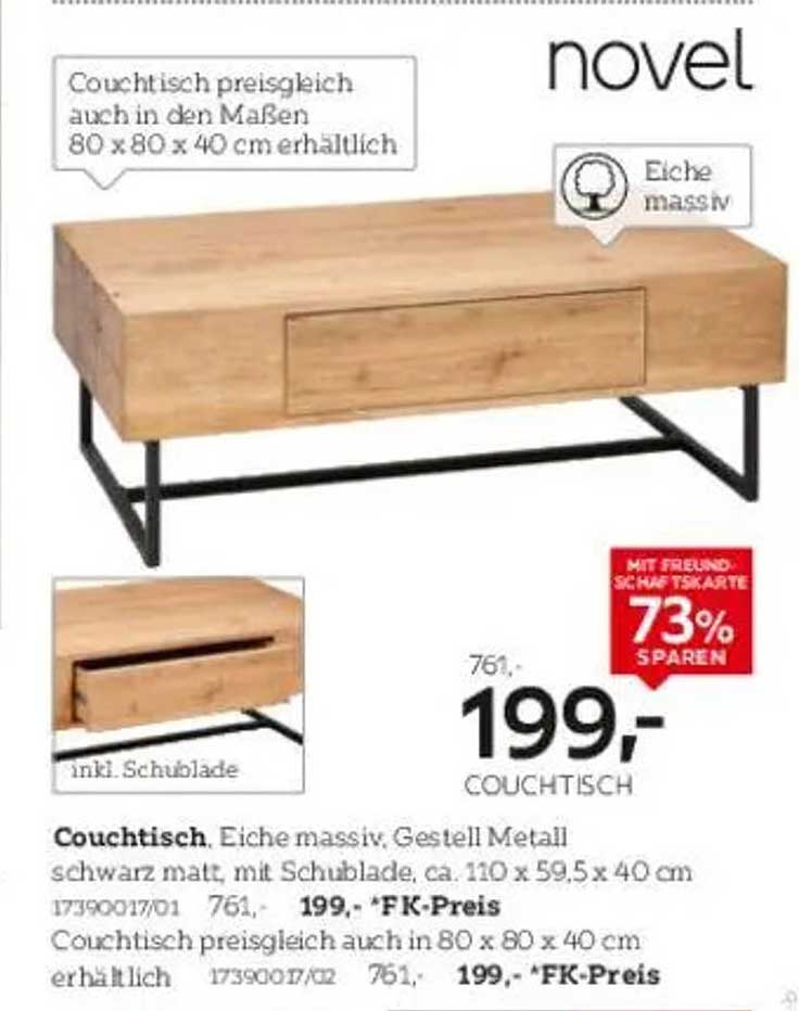 Couchtisch, Eiche massiv, Gestell Metall schwarz matt, mit Schublade, ca. 110 x 59,5 x 40 cm