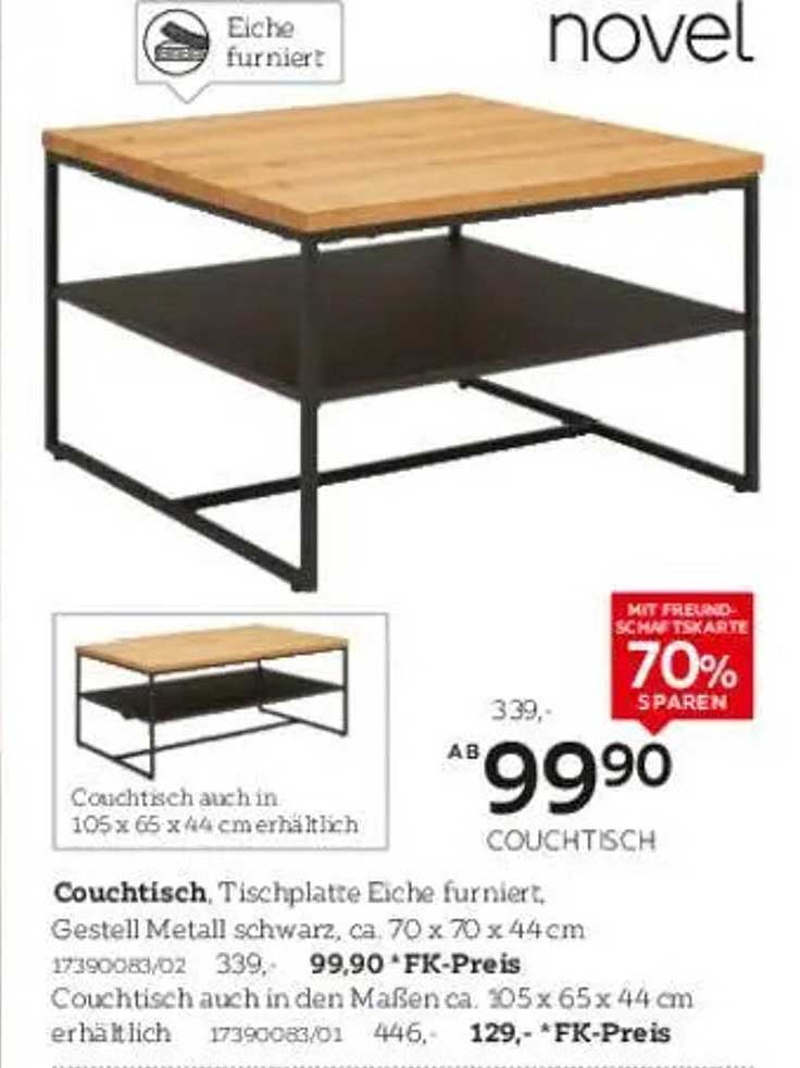 Couchtisch, Tischplatte Eiche furniert, Gestell Metall schwarz