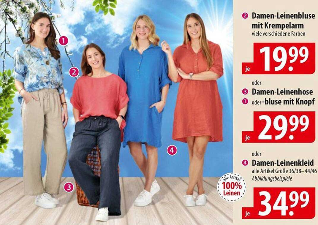 Damen-Leinenbluse mit Krempelarm in vielen verschiedenen Farben