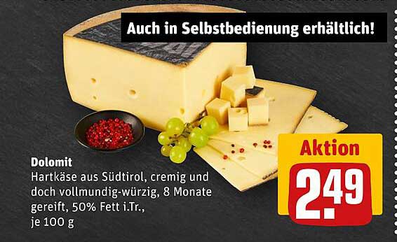Dolomit Hartkäse aus Südtirol, cremig und vollmundig-würzig, 50% Fett i.Tr., je 100 g