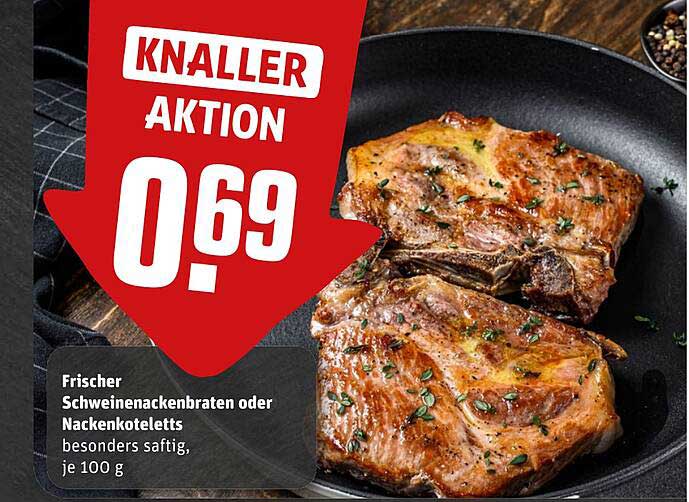 Frischer Schweinenackenbraten oder Nackensteaks, besonders saftig, je 100 g