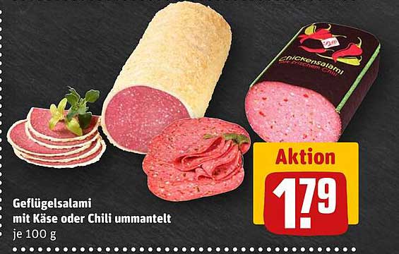 Geflügelsalami mit Käse oder Chili ummantelt je 100 g