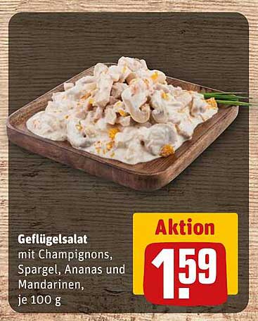 Geflügelsalat mit Champignons, Spargel, Ananas und Mandarinen, je 100 g