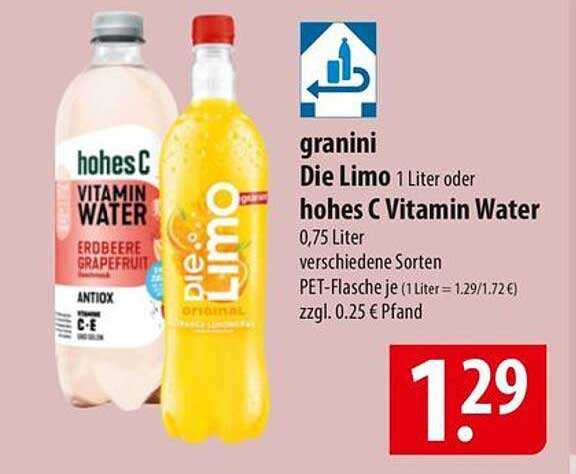 granini Die Limo 1 Liter oder hohes C Vitamin Water 0,75 Liter