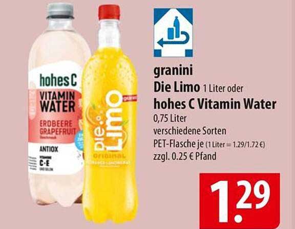 granini Die Limo 1 Liter oder hohes C Vitamin Water 0,75 Liter