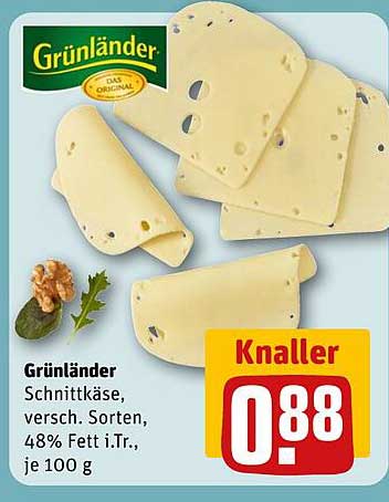 Grünländer Schnittkäse, versch. Sorten, 48% Fett i.Tr., je 100 g