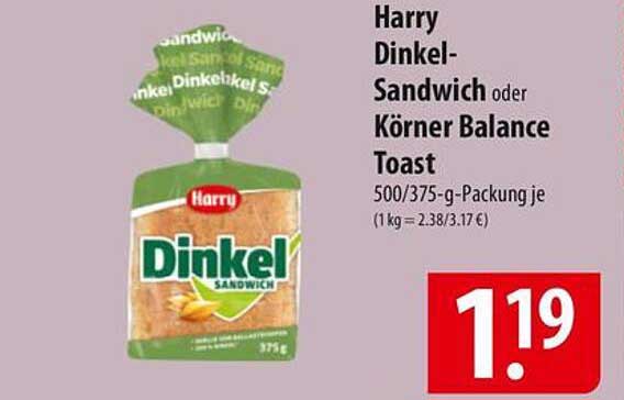 Harry Dinkel-Sandwich oder Körner Balance Toast 500/375-g-Packung