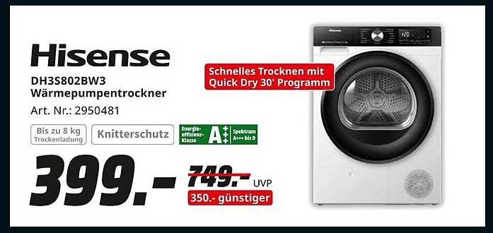 Hisense DH3S802BW3 Wärmepumpentrockner