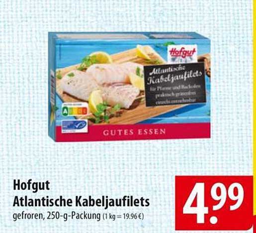 Hofgut Atlantische Kabeljaufilets, gefroren, 250-g-Packung