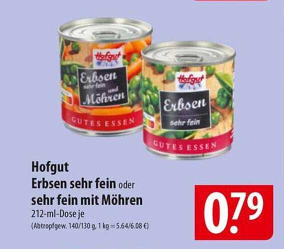 Hofgut Erbsen sehr fein oder sehr fein mit Möhren 212-ml-Dose