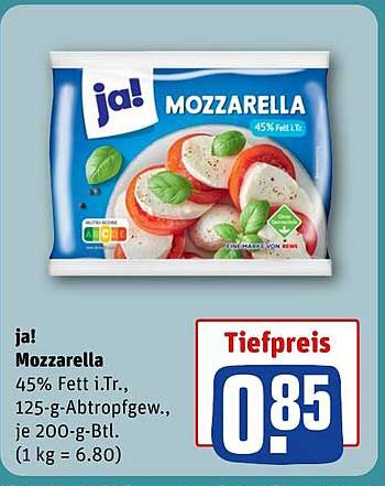 ja! Mozzarella 45% Fett i.Tr. 125-g-Abtropfgew., je 200-g-Btl.