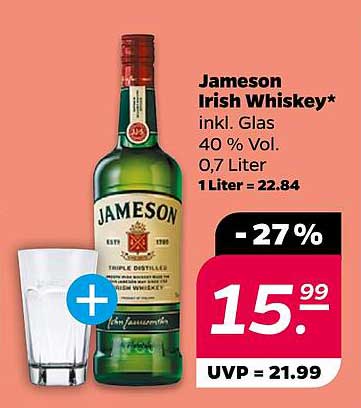Jameson Irish Whiskey 0,7 Liter inkl. Glas - 27 % Rabatt!