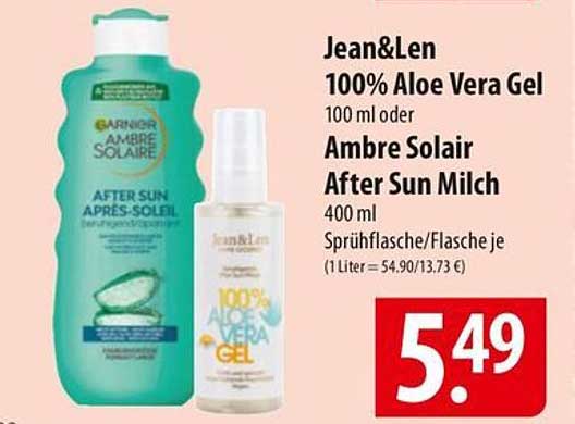 Jean&Len 100% Aloe Vera Gel 100 ml oder Ambre Solaire After Sun Milch 400 ml