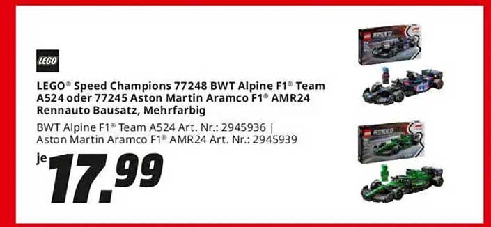 LEGO® Speed Champions 77248 BWT Alpine F1® Team A524 oder 77245 Aston Martin Aramco F1® AMR24 Rennauto Bausatz, Mehrfarbig